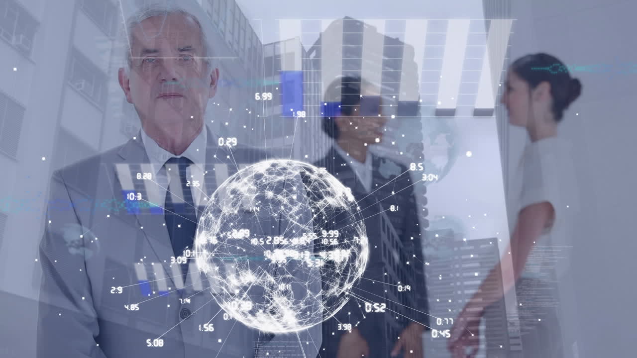 사업가와 도시 풍경에 대한 연결 네트워크와 함께 지구의 애니메이션
