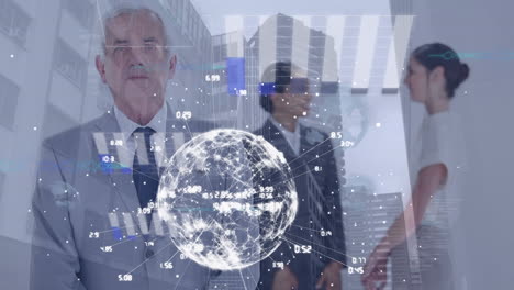 animation of globe with network of connections over businessman and cityscape