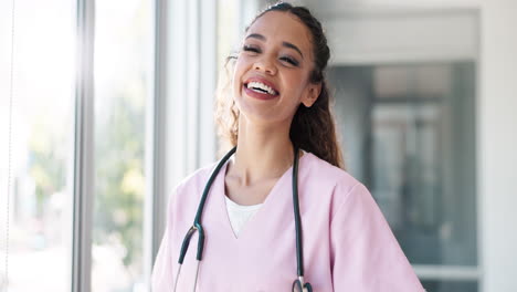 Laughing-woman,-face-and-pediatrician-nurse