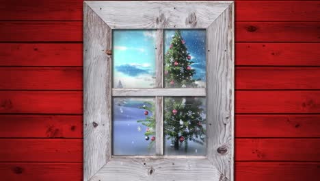animación de la vista de la ventana del árbol de navidad y el paisaje de invierno