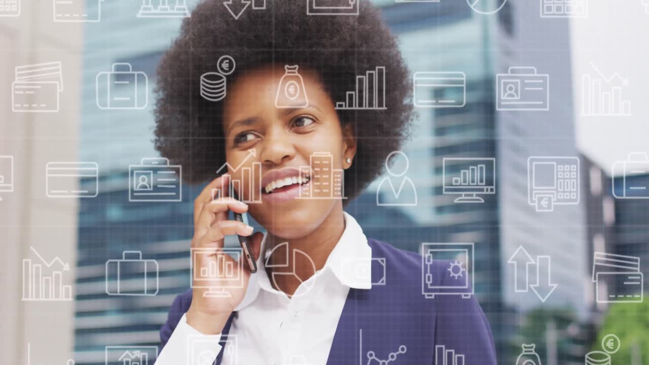 Animation of data processing over african american businesswoman using smartphone