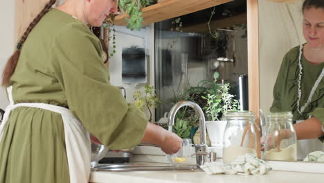 Cook in green gown and white apron washes electric mixer and table knife under running water in bright home kitchen with plants and utensils, then turns off tap after cleaning tools with care