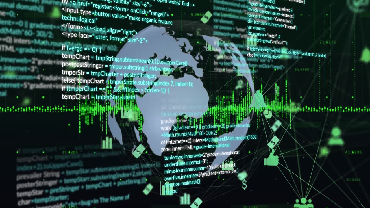 Digital video showcases global media and finance with rotating tech icons