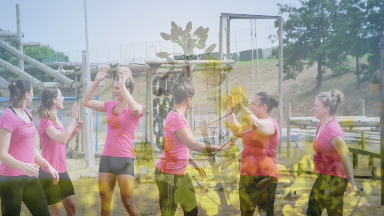 Animation of plants over diverse women at obstacle course high fiving
