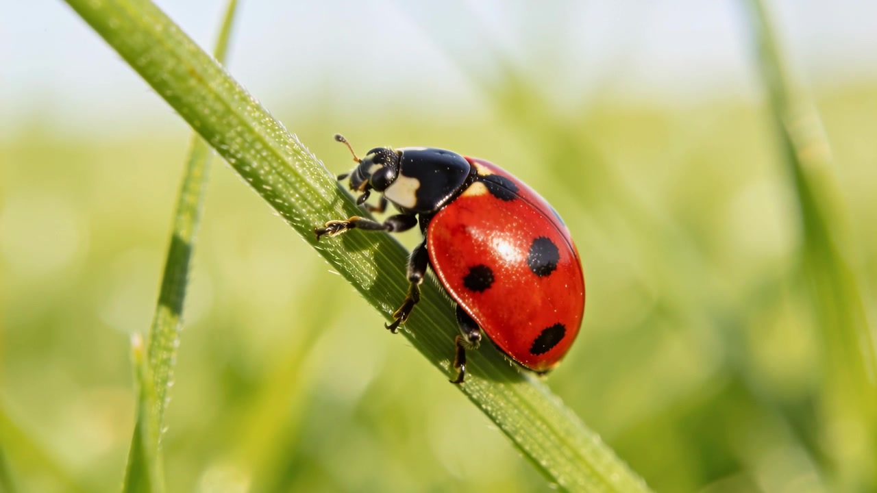 Climbing red ladybug with spots probing antennae guiding ascent up diagonal grass blade with dew