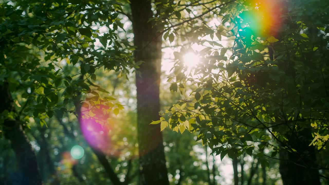 Light breeze moving branches and green foliage around sunlit tree trunk in woods, with lens flares