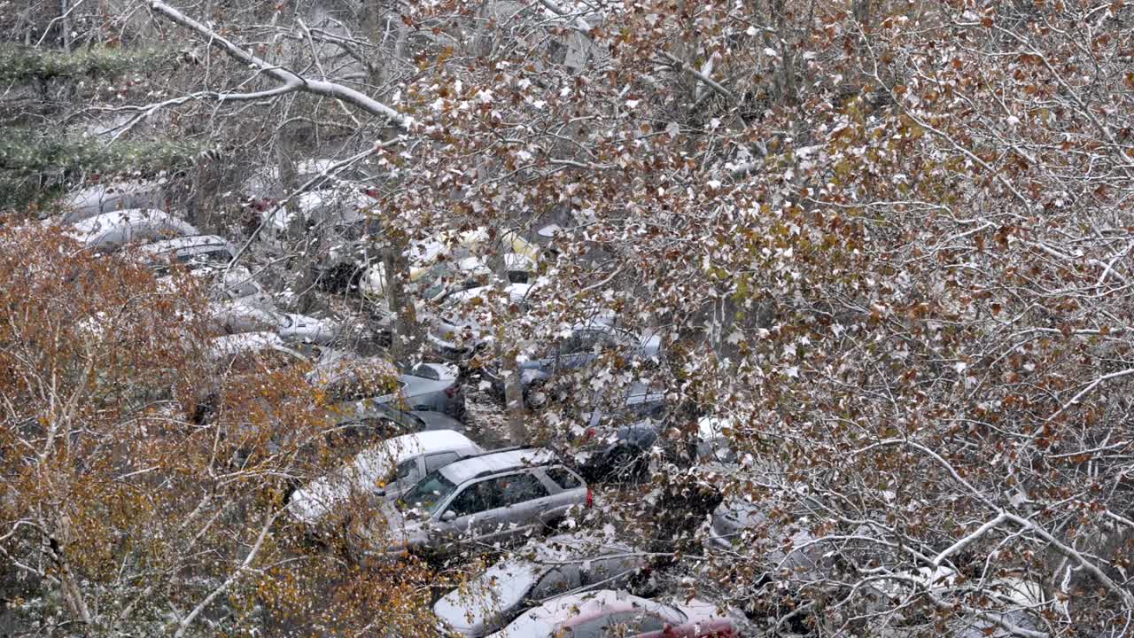 Snow in city, winter, parking lot
