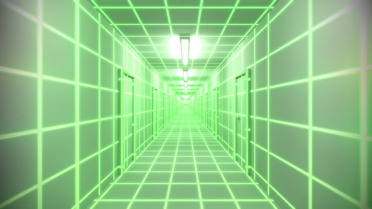 puertas de pasillo blanco sin fin neón tron 80s arcade brillo bucle wireframe matriz 4k