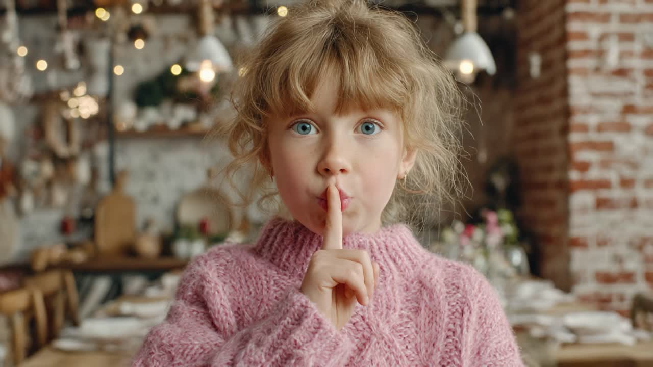 A Young Girl Wearing a Cozy Pink Sweater Makes a 'Shhh' Gesture, Encouraging Silence in a Warm, Inviting Cafe Setting Filled with Soft Lights and Charming Decor