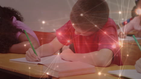 animación de la red de conexiones sobre un niño caucásico en el aula