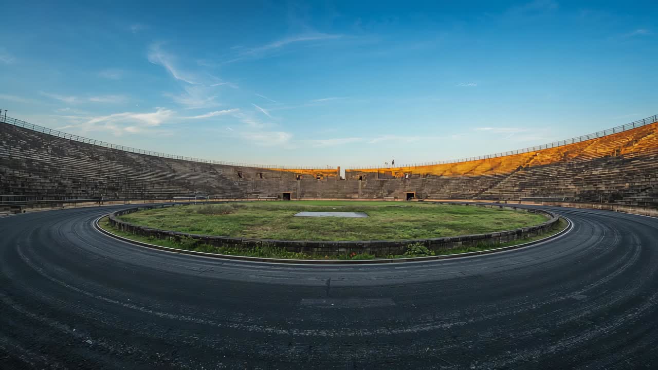 Mostra un'arena ovale vuota e un anello erboso che riceve lo spostamento del sole mentre la brezza muove le bandiere allo stadio