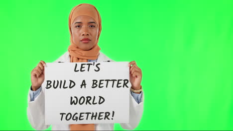 Green-screen,-protest-and-Muslim-woman-with-poster