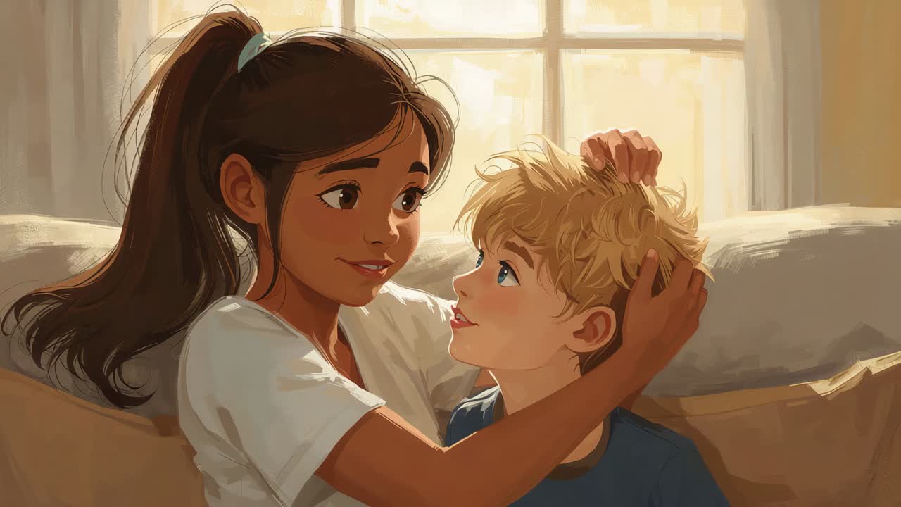Placing hand, big sister cupping and smoothing brother's hair at home, comforting with hair tie