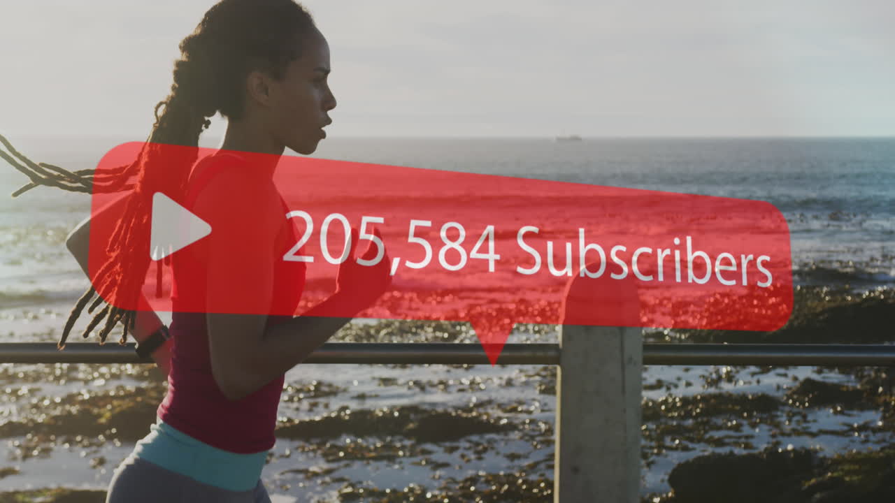 Animation of rising number of subscribers over woman jogging on promenade by the sea
