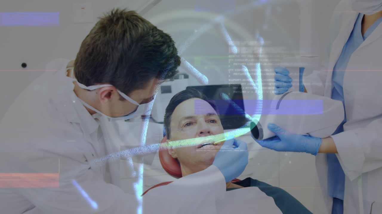 Animation of medical data processing over two caucasian dentists and patient