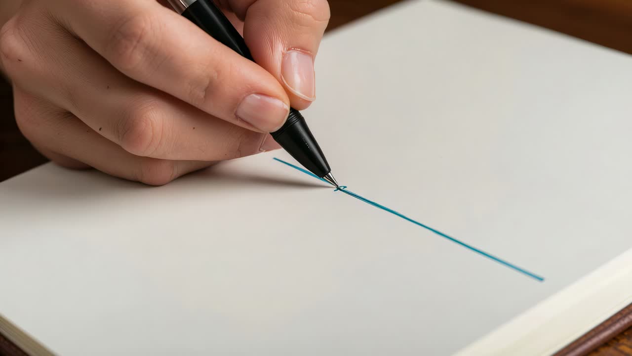 Tracing blue line, hand pausing, drawing diagonal notch on notebook at wooden table with black pen