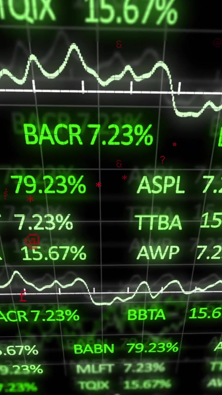 Animazione di dati di borsa e analisi finanziaria su grafici e numeri fluttuanti