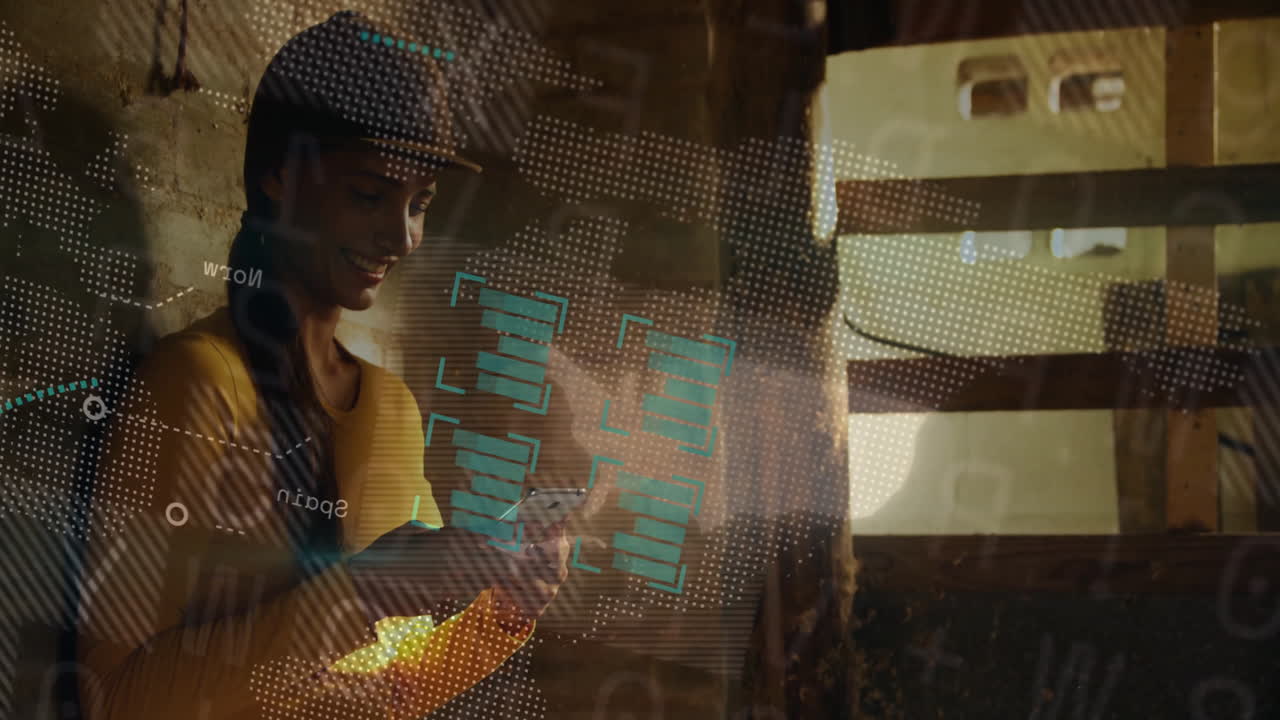 Smiling person using smartphone with digital data processing animation overlay