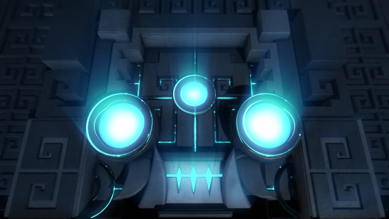 Blue-Energy Guardian Embedded in Ancient Wall