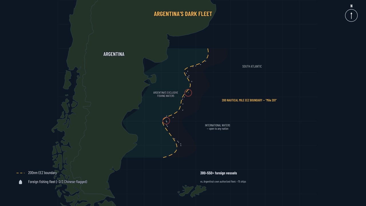 Motion graphic map: dashed maritime line, vessel icons converging then vanishing to show disabled tracking signals, tense atmosphere