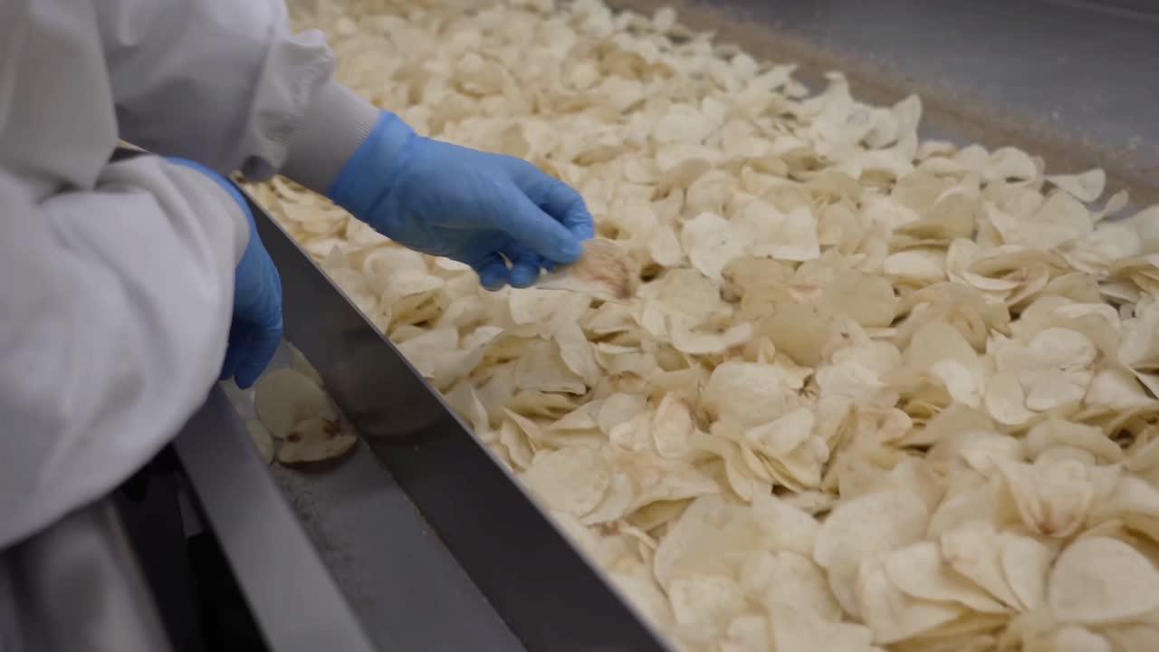 Close up shot workers remove burnt potato pieces on a conveyor