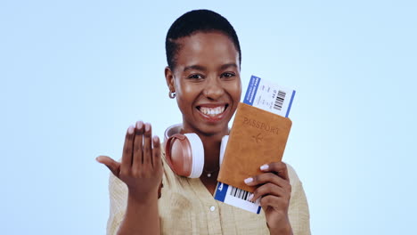 woman, passport and plane ticket in studio