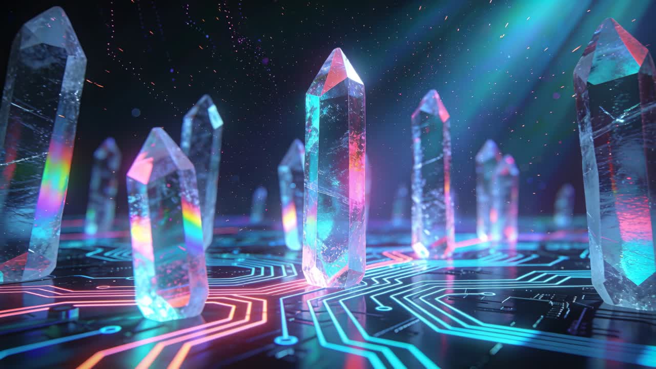 Reacting to teal beam, central crystal emitting orange burst across neon circuit, scattering sparks