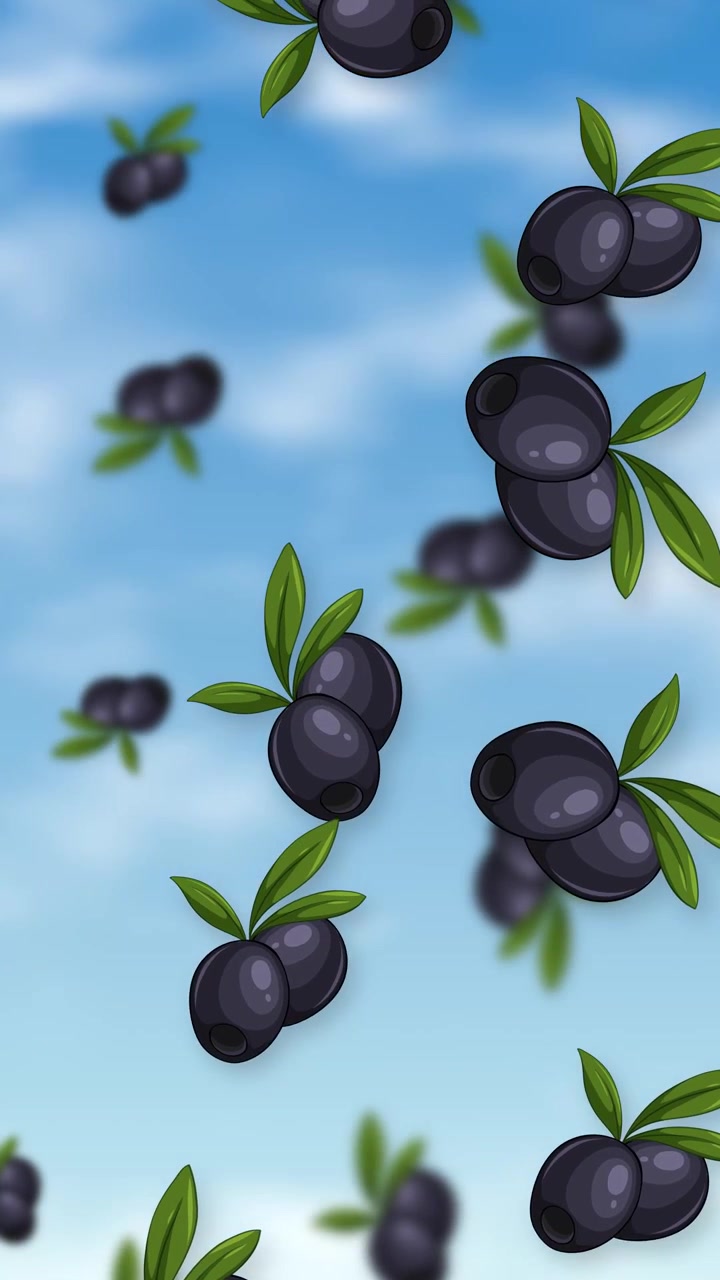 Olive nere stilizzate con foglie verdi cadono continuamente su uno sfondo di cielo azzurro brillante e nuvoloso