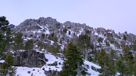 Aerial-view-of-jagged-rock-walls,-Desolation-Wilderness,-Lake-Tahoe,-California