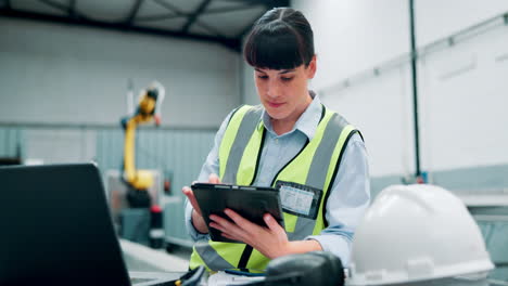 female engineer working in a factory with a tablet