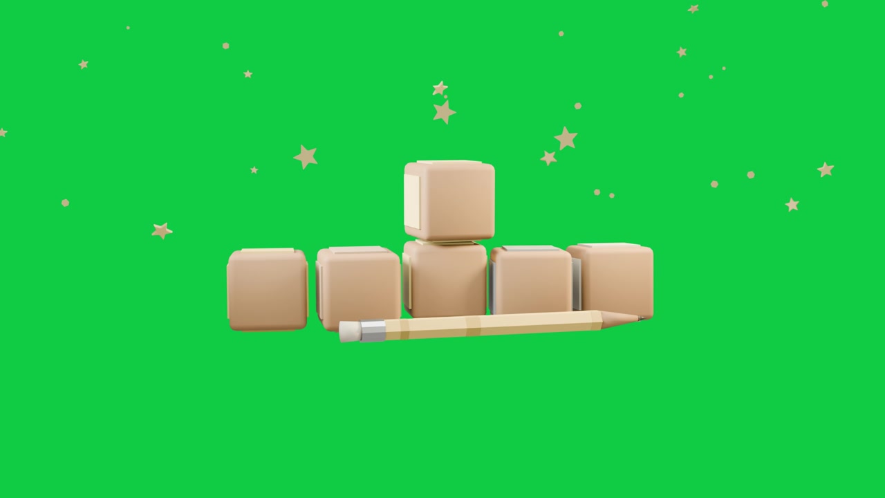 Stars appearing, beige cubes stacking while pencil sliding to form display on transparent canvas