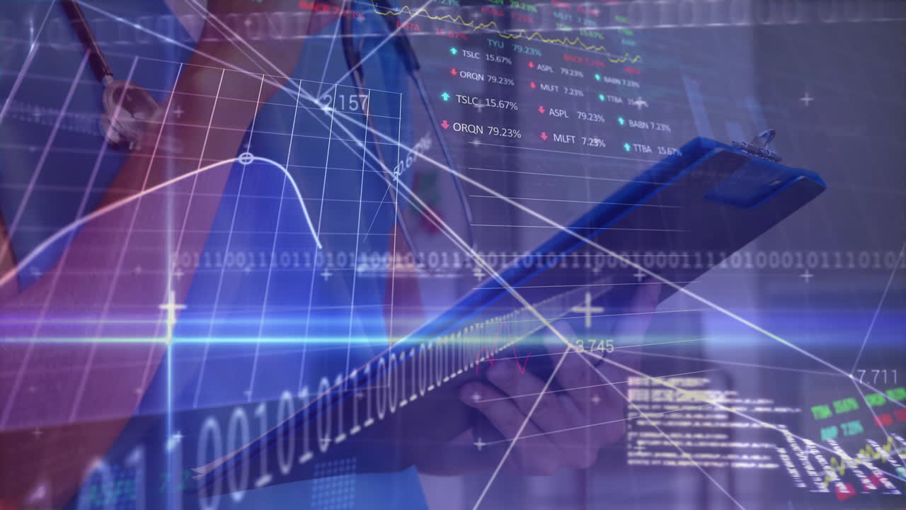 Doctor holding tablet while displaying finance charts with binary code overlays and stock tickers