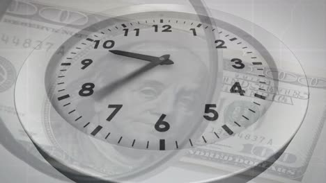 animation of clock ticking over american dollar bills