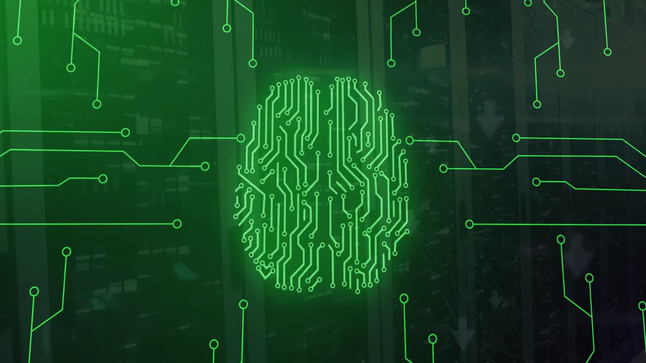 Animation of neon network of connections with digital brain over server room