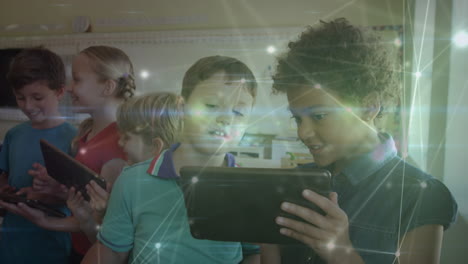 animation of connected dots with lines over diverse students using digital tablet in classroom
