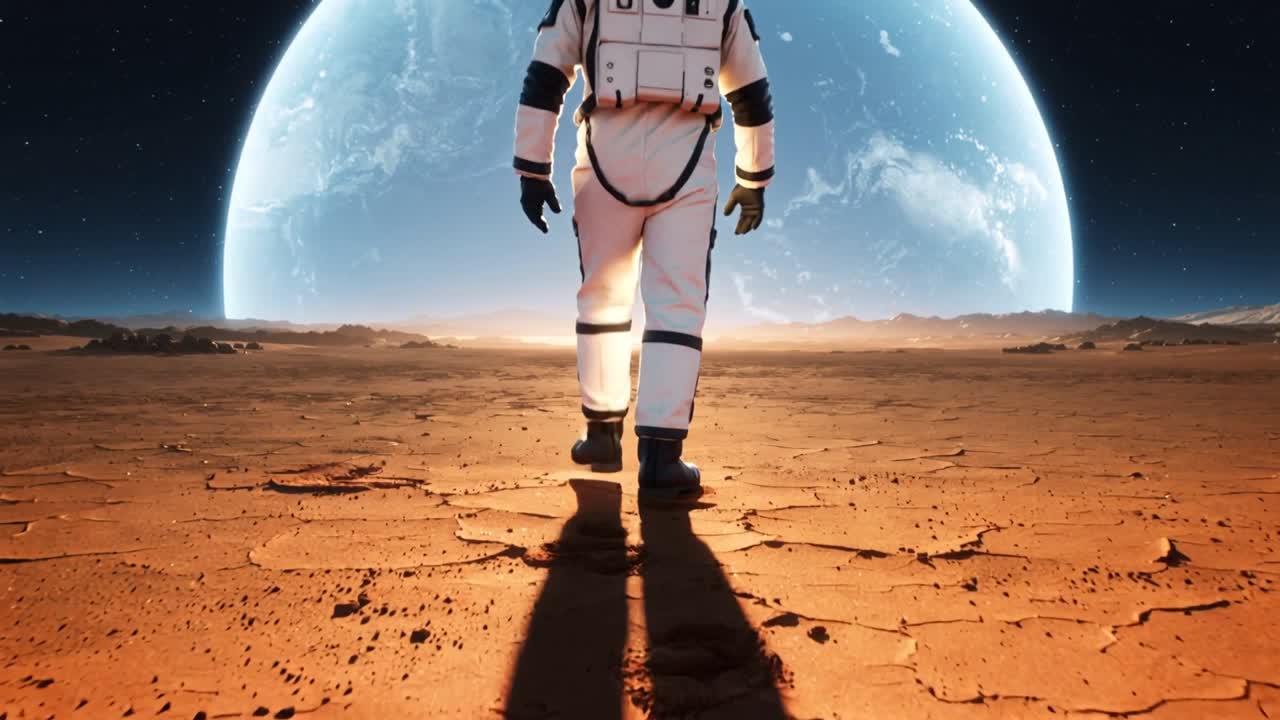 Astronaut i hvid dragt med livspakke træder og går mod en lysende planet over en rød slette.