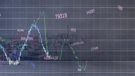 Animation-of-multiple-graphs-and-changing-numbers-over-modern-cityscape-and-sea-against-sky