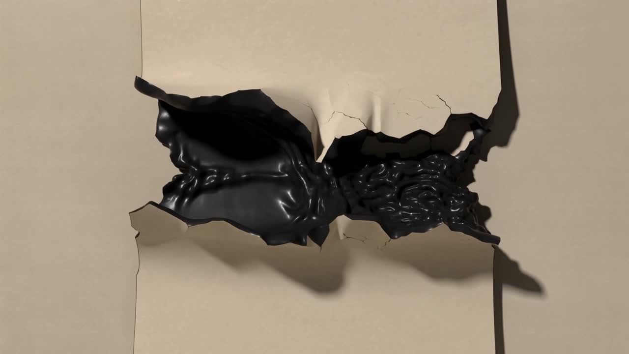 Crack forming in beige sheet, glossy black film extruding in studio, revealing dark interior