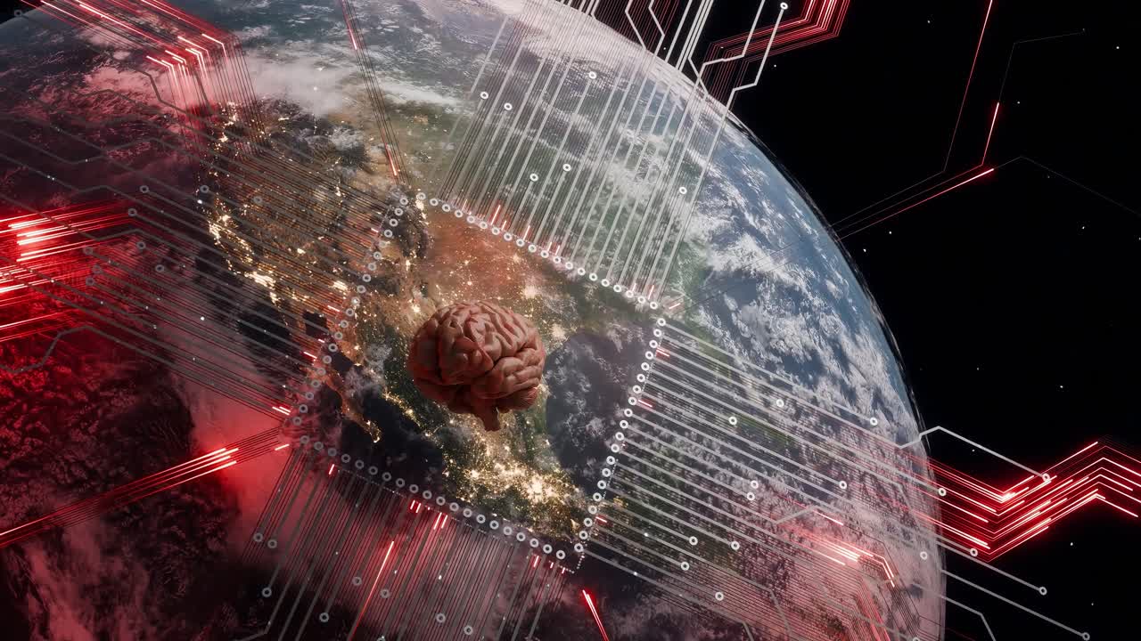 Planet Earth showing North America from space with human brain and red digital network lines. Artificial intelligence and global technology development concept for poster and wallpaper