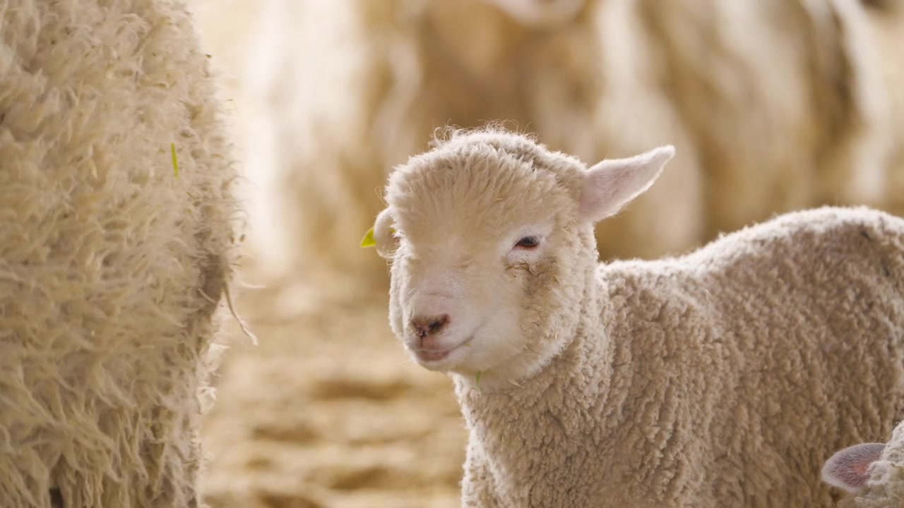 Adorável cordeiro recém-nascido em pé sobre cama de palha em um celeiro aquecido na Fazenda Anseong, Coreia do Sul, com rebanho de ovelhas visível ao fundo.