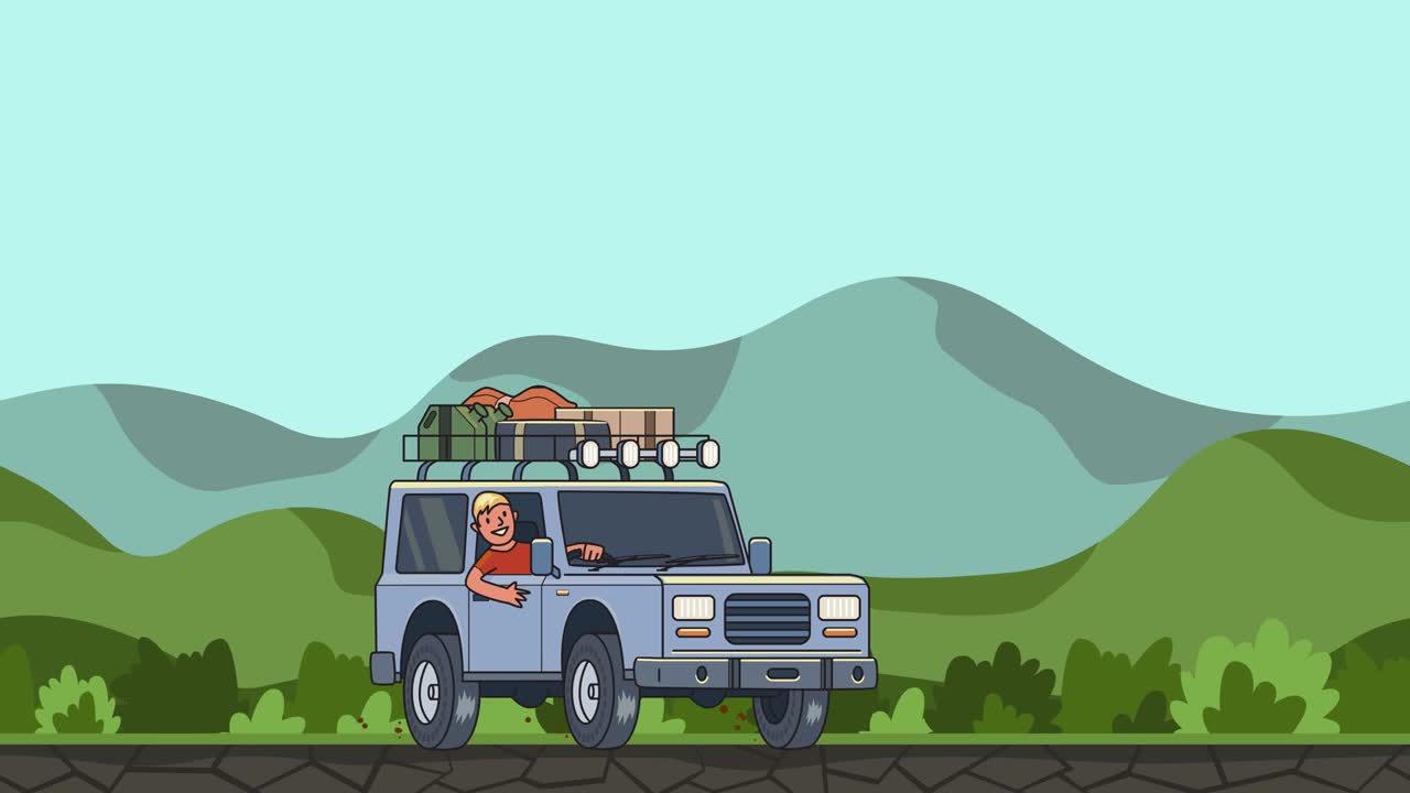 지붕에 짐이 있고  뒤에 미소 짓는 남자와 함께 녹색 계곡을 타고 다니는 애니메이션 차량. 언덕 풍경 배경에서 움직이는 차량. 평평한 애니메이션.