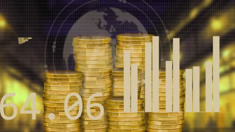 animación del procesamiento de datos financieros sobre monedas de oro