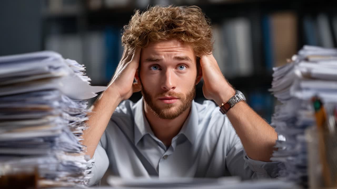 Stressed Professional Surrounded by Overwhelming Paperwork Struggles to Cope with Growing Workload and Anxiety in a Chaotic Office Environment