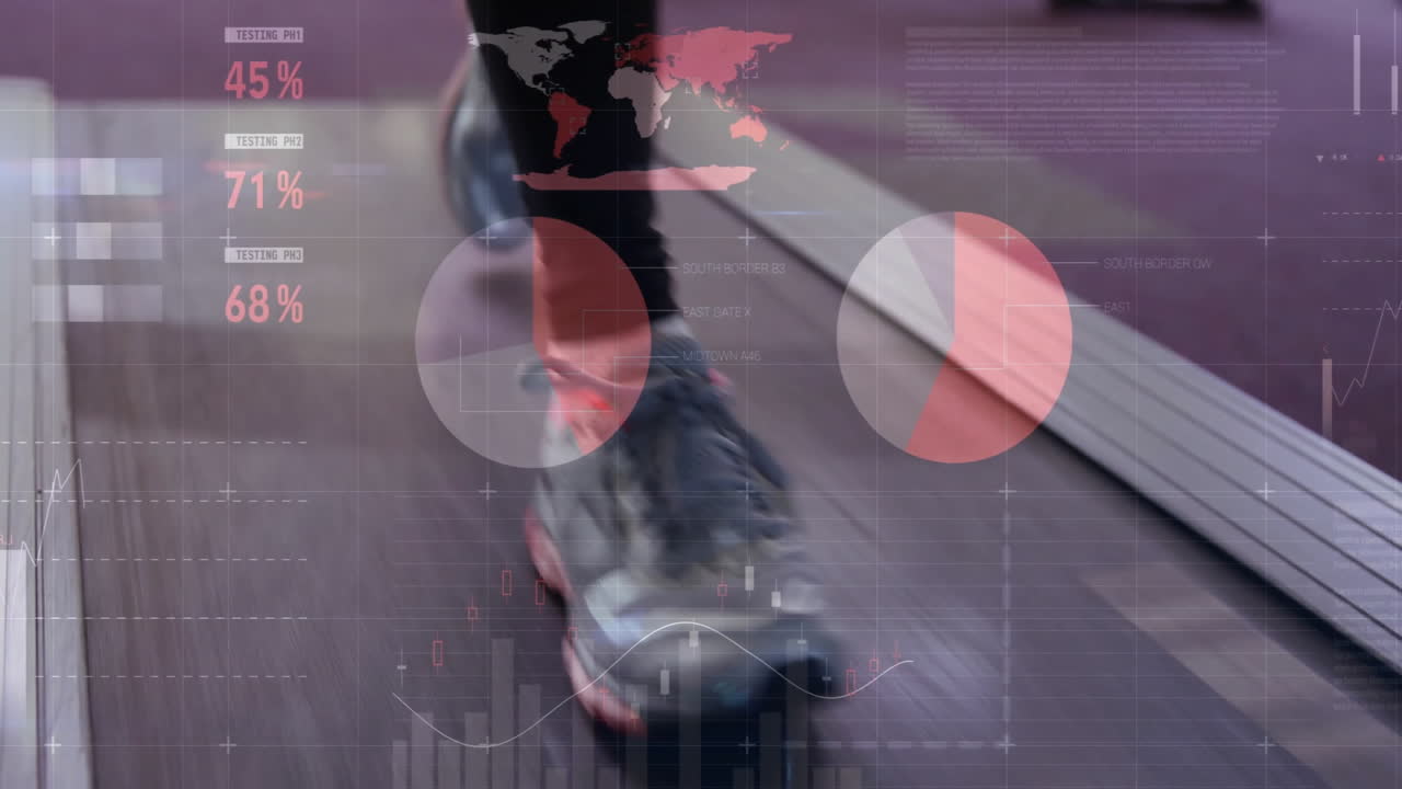 correr en cinta de correr, datos de fitness y animación del mapa del mundo sobre la escena de ejercicio