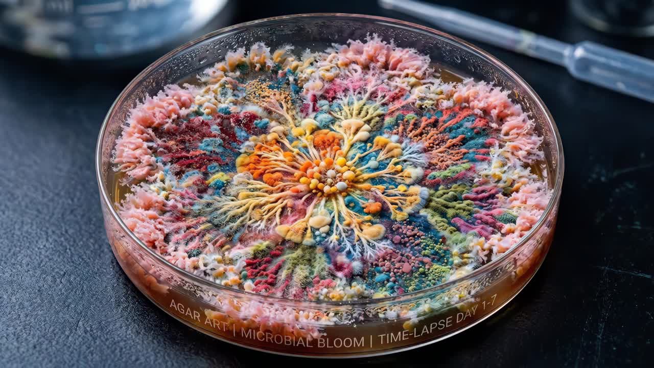 Time-lapse di fioritura microbica colorata in capsula di Petri