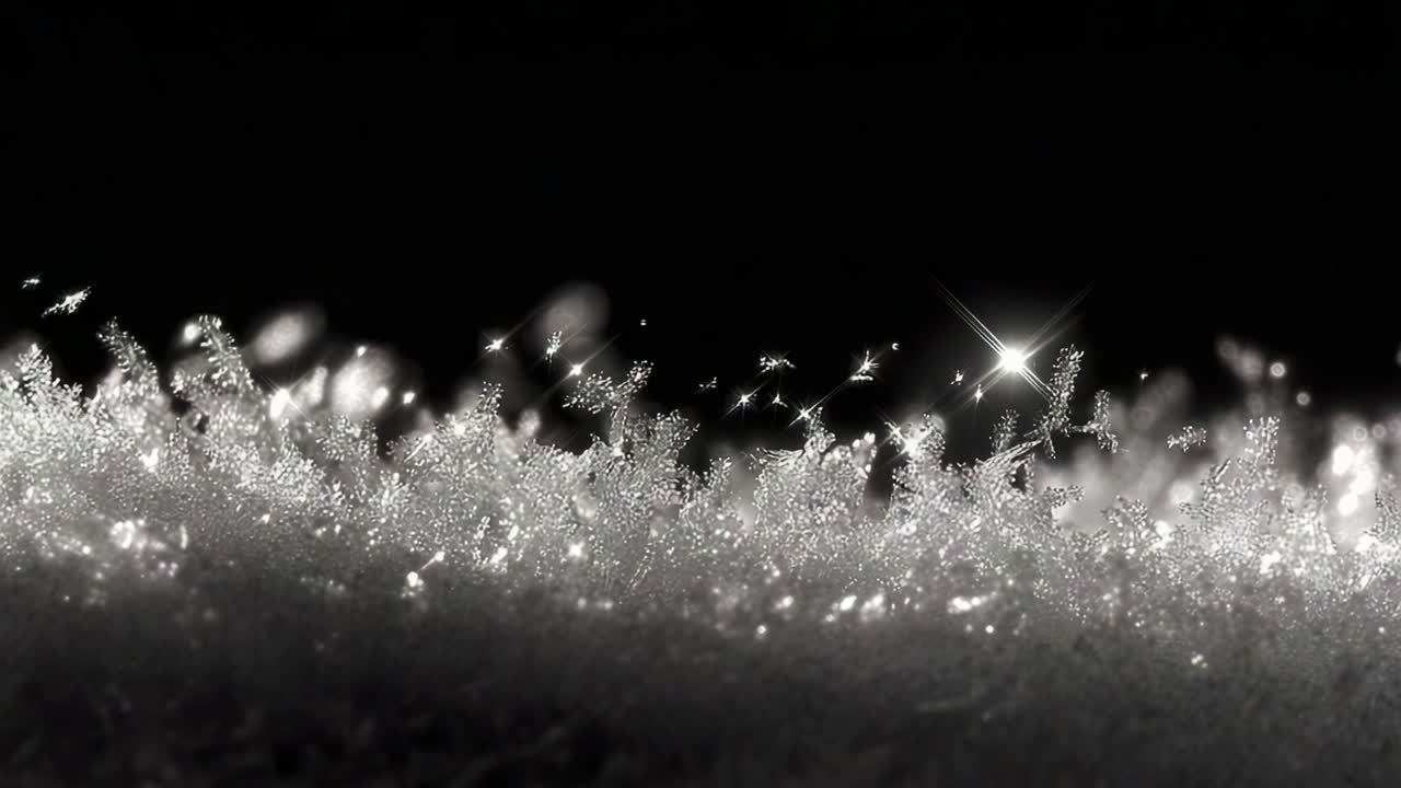 Mesmerizing Close-Up of Sparkling Snowflakes: A Glimpse at Nature's Artistry in the Winter Landscape, Captured in Stunning Detail with a Dark Background Highlighting the Intricate Frost Patterns