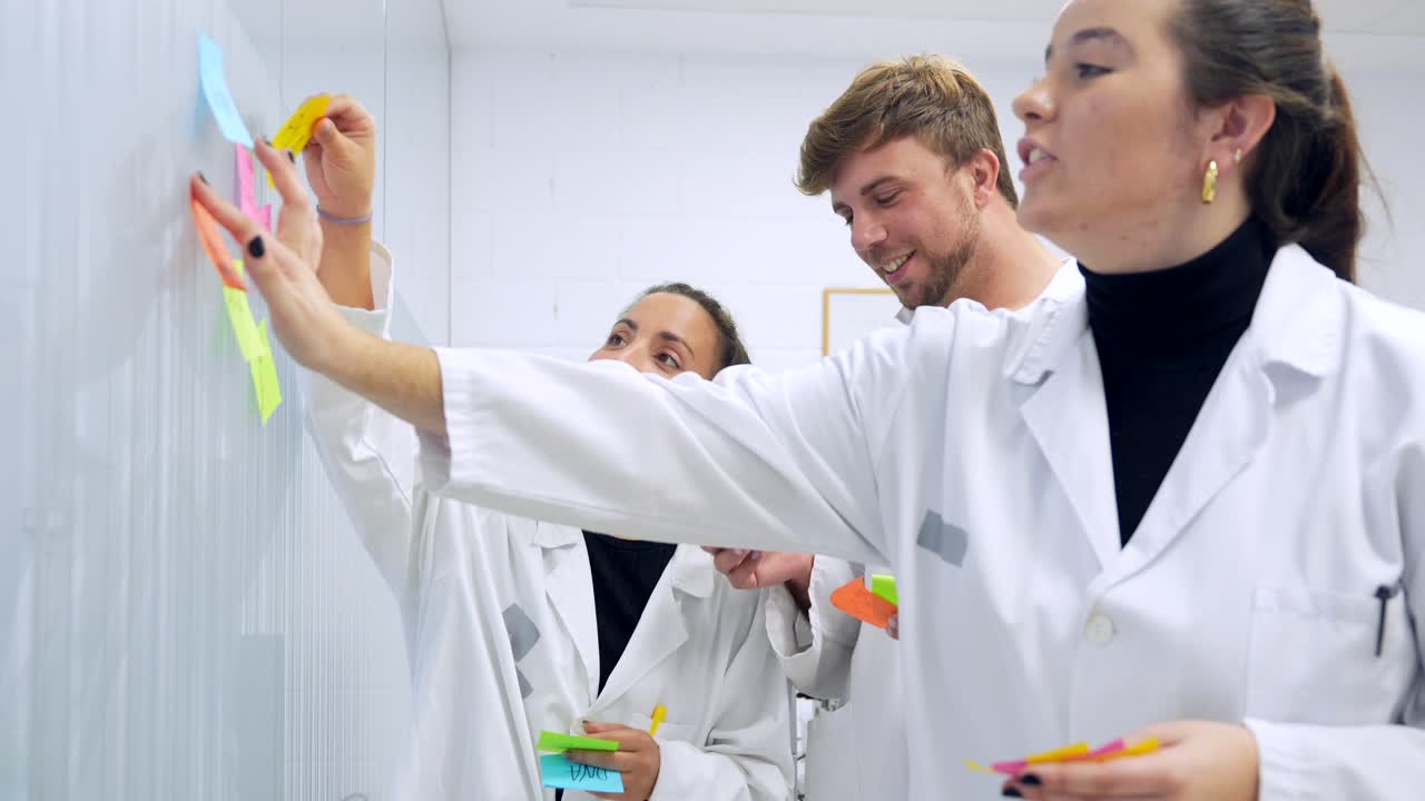 Scientists collaborating on a whiteboard with sticky notes