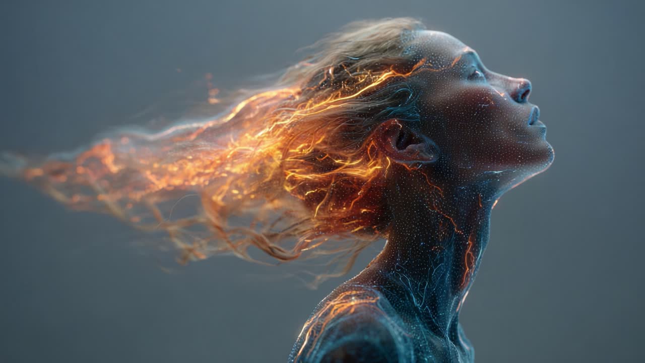 An ethereal woman gracefully gazes upward, her flowing hair transformed into vibrant flames, embodying a mesmerizing fusion of beauty and energy in a captivating visual display