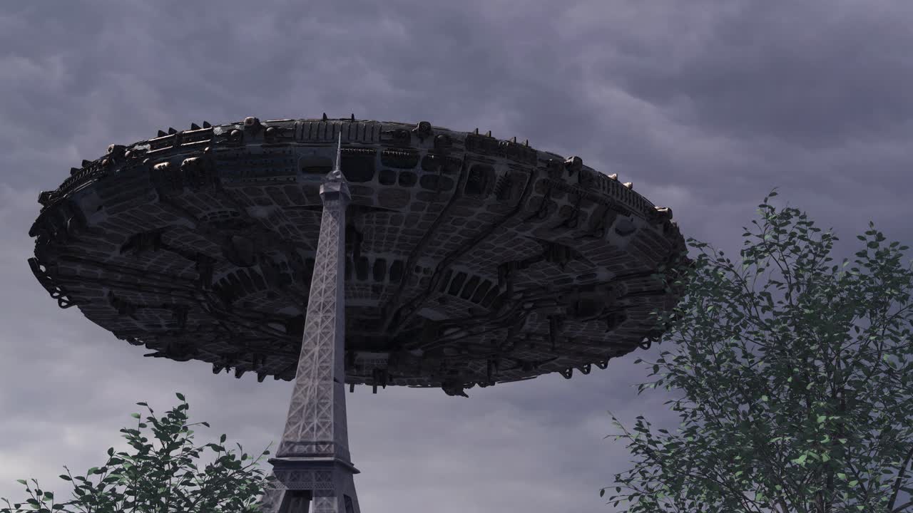 Eiffel Tower with a UFO hovering above it