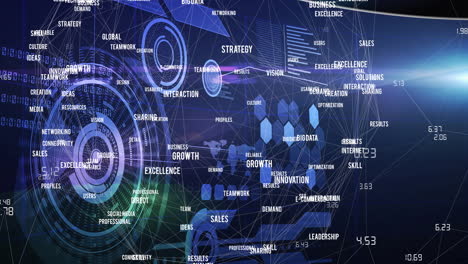 animation of network of connections with digital words over data processing in background